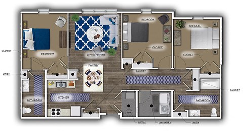 Floor plan for 3 beds, 2 baths, 1329 sqft